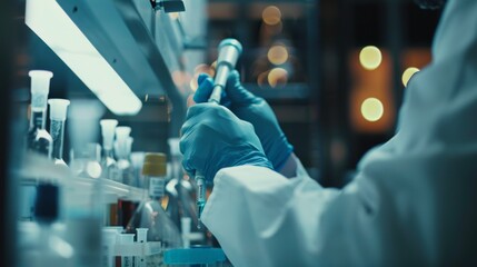 Micropipette being used by a research scientist in a modern laboratory.