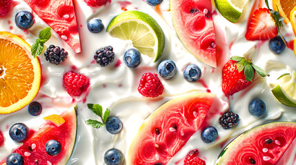 Tantalizing Yogurt Delight: Enjoy the Burst of Flavor from Crisp Watermelon, Plump Blueberries, Tangy Lime, Zesty Orange, Juicy Strawberries, and Tart Raspberries, Immersed in Creamy Yogurt
