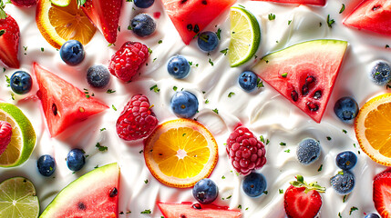 Dive into the Refreshing Combination of Juicy Watermelon, Succulent Blueberries, Zesty Lime, Orange, Sweet Strawberries, and Raspberries, Submerged in Delectable Yogurt