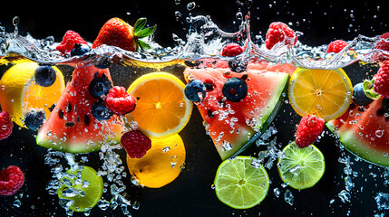 Refreshing fruit splash: fresh fruits submerged in water on black background