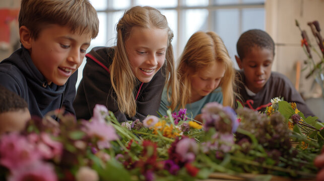 Young Girls Engaged in a Floral Art Class, Creating Flower Arrangements. Generative AI