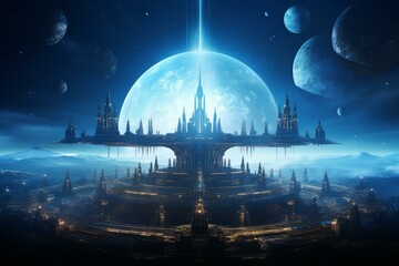 Fototapeta premium Majestic digital art of a city with advanced architecture against a cosmic backdrop with planets