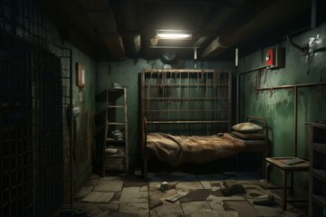 Eerie image of a decrepit and abandoned jail cell, with a dilapidated bed and dim lighting