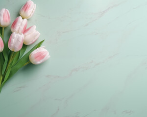 there are pink tulips on a marble table with a green background