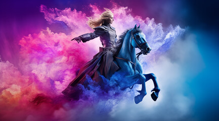 araffe riding a horse in a cloud of colored smoke