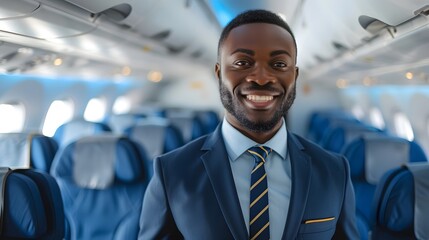 Handsome black man flight attendant smiling standing in the middle of an airplane cabin.
