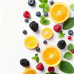 Colorful assortment of fresh fruits and berries on a dark background