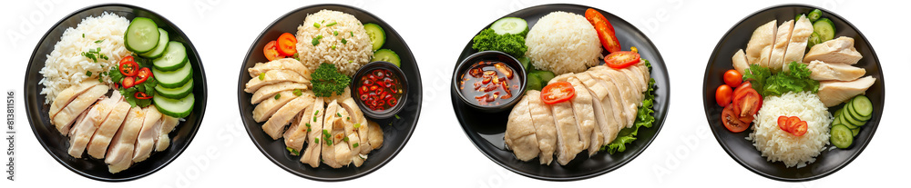 Wall mural hainanese chicken rice, with cucumber slice and coriander leaves, singaporean dish, isolated on tran