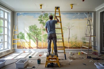 Creative artist paints a vibrant nature scene on a large indoor wall