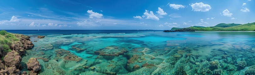 Fototapeta premium panoramic view of the clear blue sea with coral reefs and green grass on both sides