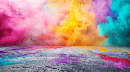 A vibrant festival of colors in Smokey background with concrete floor