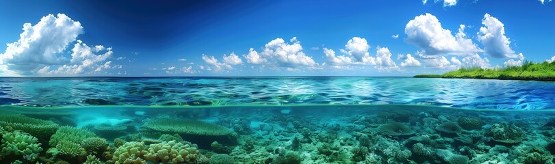 Obraz premium panoramic view of the clear blue water and coral reef with green grass on both sides