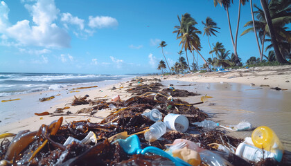 Pollution Crisis: Beach Devastation - Plastic waste blankets shore, underscoring need for action. Bottles, debris mar tropical beauty spotlighting global problem Eco issues and Earth Day concept.