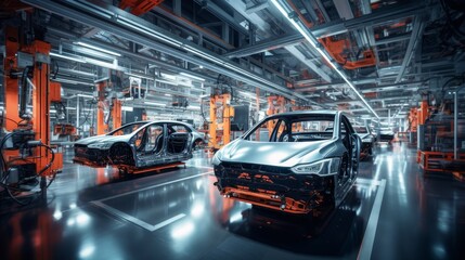 Interior shot of a futuristic car manufacturing plant with robots assembling vehicles systematically under bright, efficient lighting