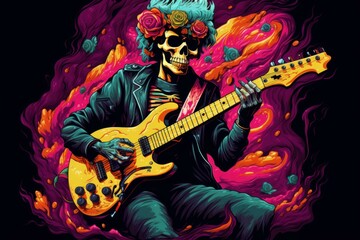 Obraz premium Vibrant illustration of a skeleton playing an electric guitar amidst colorful flames