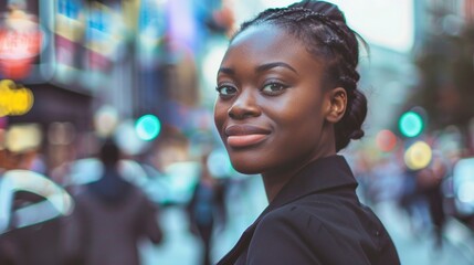 Fototapeta premium A black woman in the foreground looks toward the camera with hinted smile.