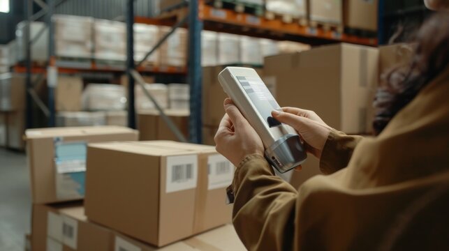 Bar Code Scanner on Speed Blur Conveyor Belt with Copy Space. Computer Tools for Warehouse Inventory Management. - Powered by Adobe