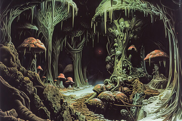 Giant Magical Cave Mushrooms.  Generated Image.  A digital illustration of a large, eerie cave with giant magical mushrooms.