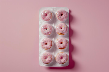
pill tab,blister with small donuts inside it against a pastel pink background. sugar, dopamine, sweet treat, food addiction, eating disorder, doping concept, creative advertising