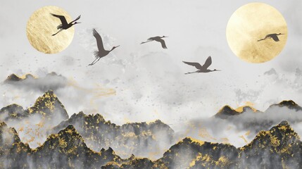 Grey and golden crane birds Japanese grunge background. Generative AI