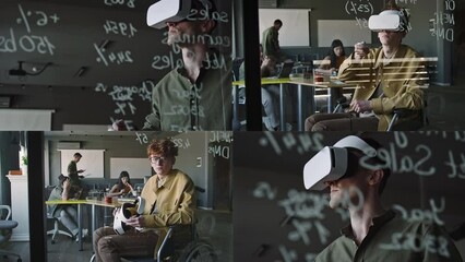 Split screen footage of young IT specialists testing augmented reality app with VR headset and remote controller while working in office on inclusive company - Powered by Adobe
