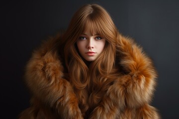 Portrait of a young woman with a captivating gaze wearing a fluffy fur coat