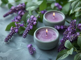 Flat lay of lavender candles on gray background, natural style with copy space for text, Candle on Gray Background with Natural Elements. High-Resolution 4K Wallpaper for a Peaceful Atmosphere