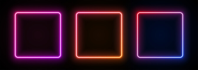 Neon square frame. Led gradient box light. Laser glow geometric border. Bright electric portal. Fluorescent template for banner with text.