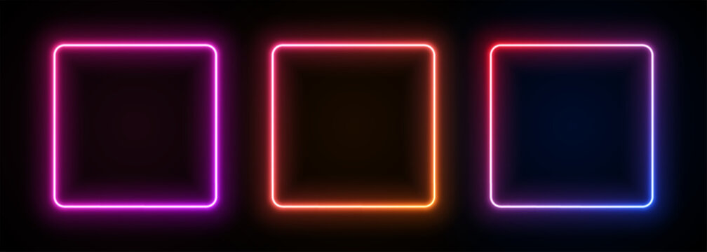 Neon square frame. Led gradient box light. Laser glow geometric border. Bright electric portal. Fluorescent template for banner with text.