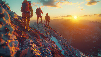 Back view of climbers with backpacks and trekking poles in crampons walking by the mountain ridge as a rope team enjoying picturesque sunset sky. Active people, high mountains expedition concept image