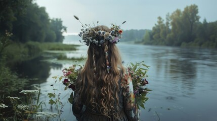 A girl stands by the river clutching a wreath of flowers against a backdrop of nature s beauty She partakes in an ancient and mystical celebration marking the summer solstice known as the W