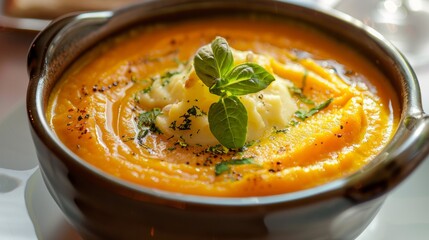 Dishes of American cuisine. Pumpkin and potato soup with cream. Mashed soups have a creamy consistency. 