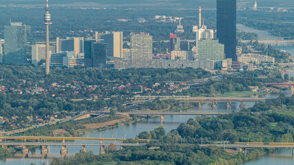Skyline of Vienna from Danube Viewpoint Leopoldsberg aerial timelapse.