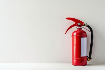 Obraz premium Fire extinguisher positioned next to a safety sign, isolated on a plain white surface, with wide copy space, emphasizing emergency preparedness