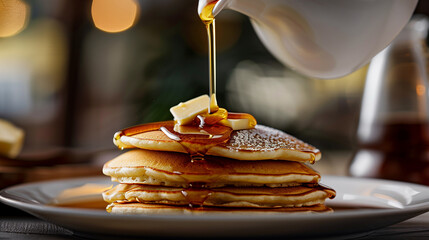 A stack of cooked plain pancakes with fruit and syrup