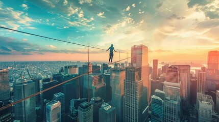 Portfolio rebalancing act, a tightrope walker above a cityscape of stocks