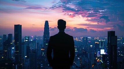 Silhouette of an investor overlooking city skyline at dusk, contemplating investment decisions, future growth visual