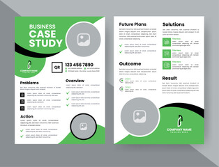 Case Study Layout Flyer. Minimalist Business Report with Simple Design. Green and Black Color Accent.