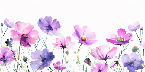 Summer wallpaper with Pink and purple blossom cosmos flowers with copy space in artistic minimalist water painting.