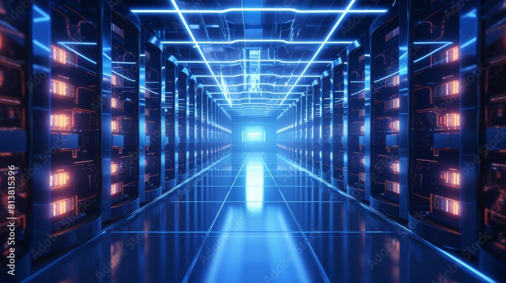 Poster A bustling data center filled with rows upon rows of servers, their lights blinking in a mesmerizing rhythm.