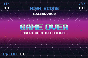 GAME OVER INSERT A COIN TO CONTINUE .Synthwave wireframe net illustration. pixel art .8 bit game. retro game. for game assets .Retro Futurism Sci-Fi Background. glowing neon grid. and stars.