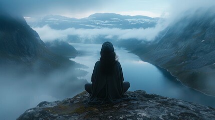 Person Meditating on Cliff Overlooking a Misty Fjord at Dawn, Embracing Solitude and Tranquility in a Majestic and Remote Natural Landscape