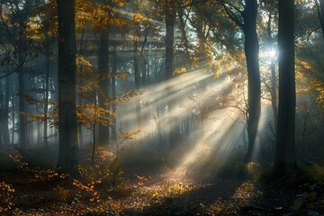 Fototapeta premium Sunlight Streaming Through Fall Foliage in Forest