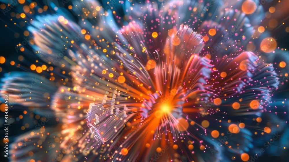 Poster a close-up photorealistic explosion of colorful fireworks, capturing the intricate details of the bu