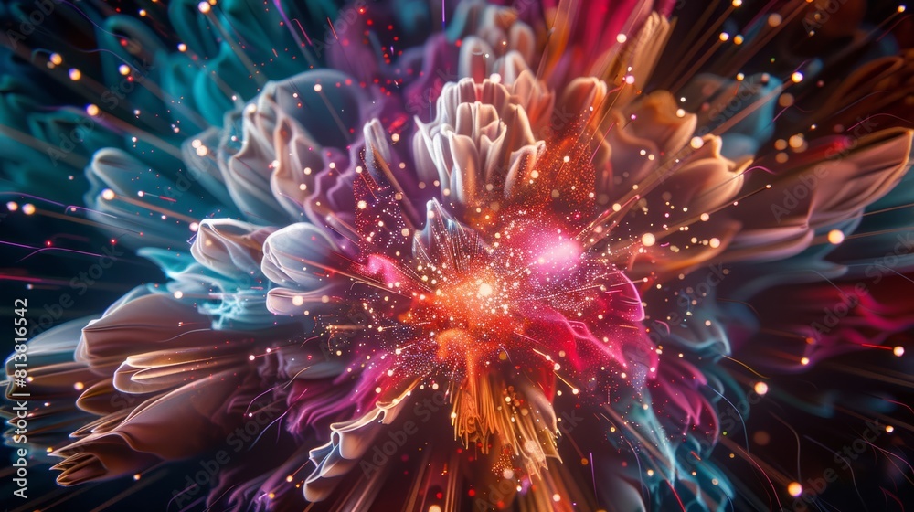 Poster a close-up photorealistic explosion of colorful fireworks, capturing the intricate details of the bu