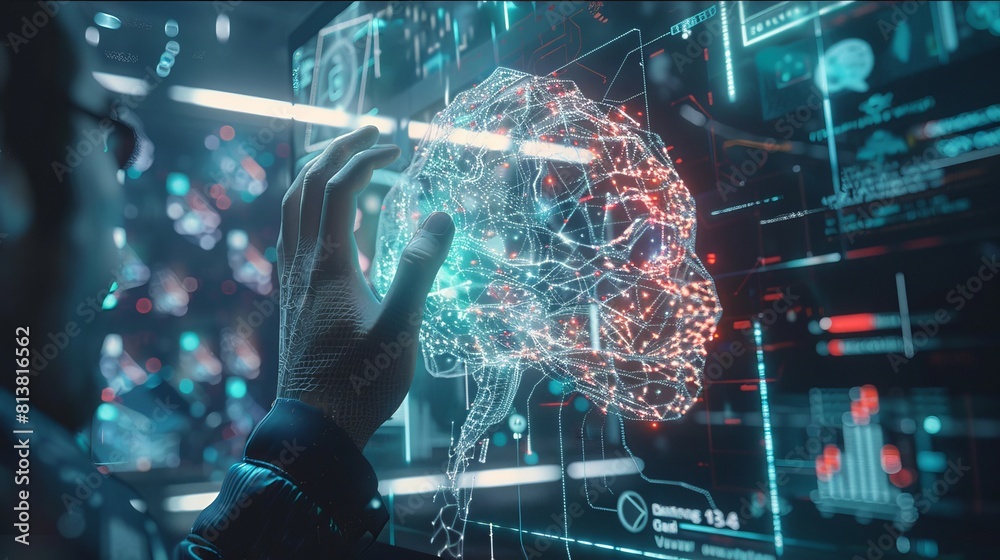 Poster this image shows a computer screen displaying a futuristic artificial intelligence spreading through