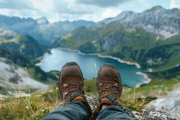Close-up of Climber's Feet Taking a Breather on Mountain Peak, Enjoying Magnificent Lake Views Among Mountains