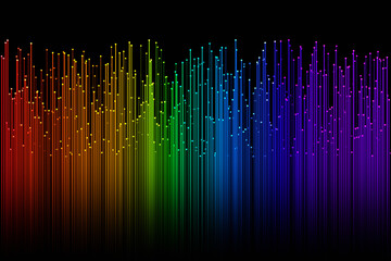 Glowing optical fibres having color gradient of rainbow in dark background. Illustration as background for website templates and slide show presentations