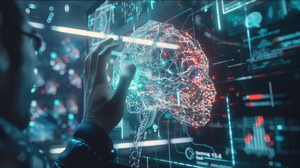 Fototapeta premium This image shows a computer screen displaying a futuristic artificial intelligence spreading through the internet. A visual representation of machine learning, artificial intelligence, and computer