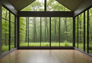 An empty room with large windows overlooking a lush, green forest outside